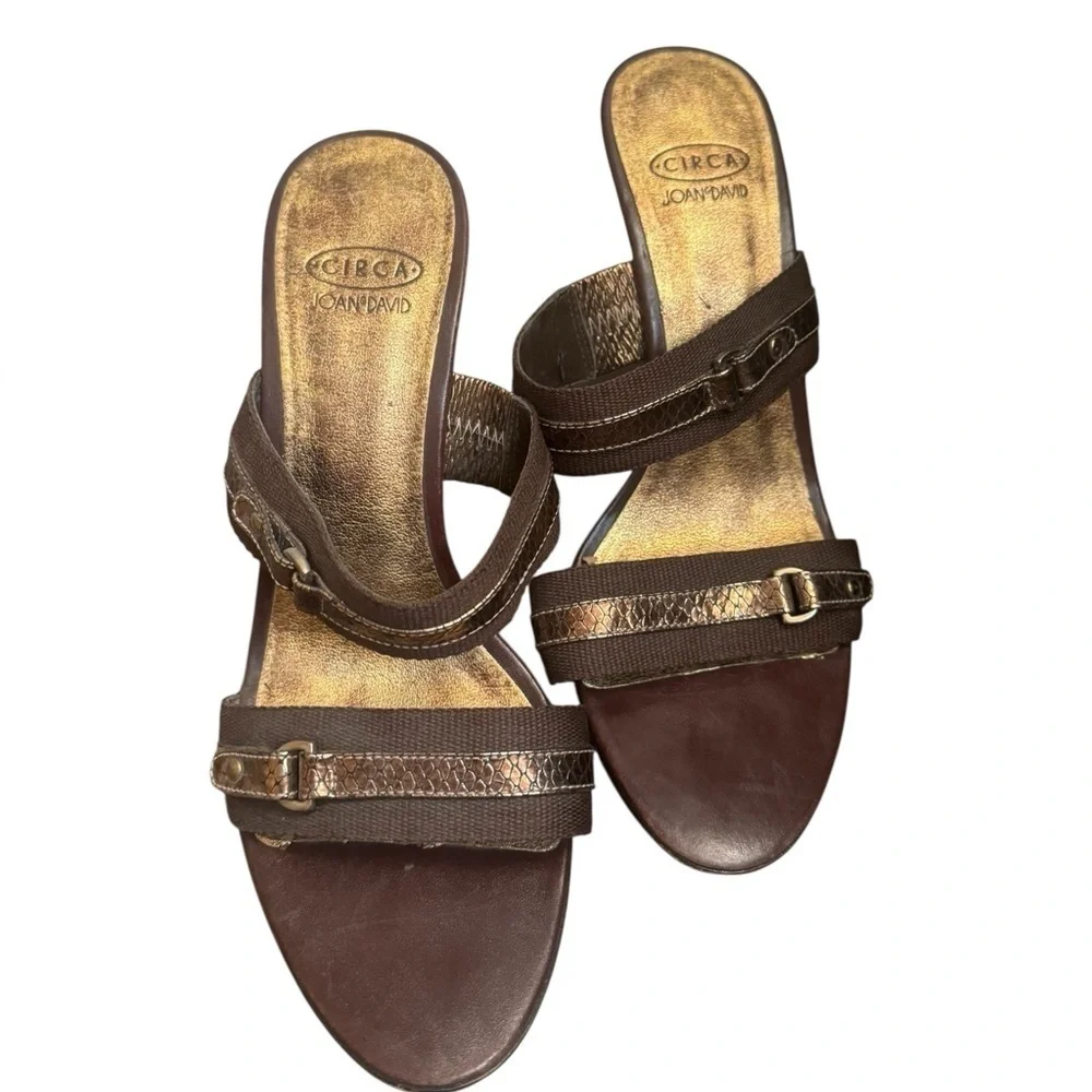 CIRCA JOAN & DAVID Leather And Canvas SZ 8 Open Toe Heel 2 Strap Y2K Bronze EUC